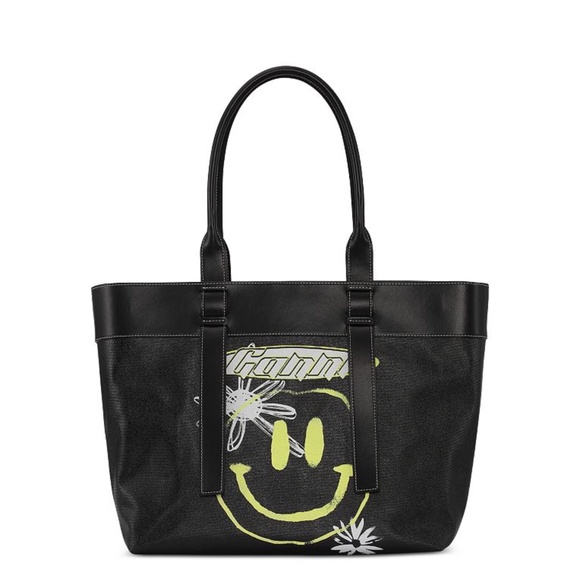 Ganni Smiley Face Print Canvas Tote Bag in Black